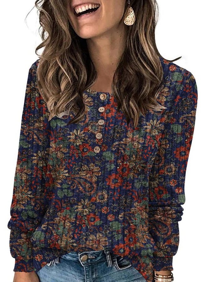 DB MOON Womens Lightweight Sweaters 2025 Long Sleeve Henley Shirt Fall Casual Crewneck Tunic Tops, Geometric Floral, M - Image 1