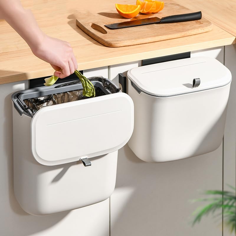 Azonee Kitchen Compost Bin, 9.5 Litre Hanging Trash Can with Lid, Kitchen Cabinet Door Under Sink Plastic Garbage Can Compost Bin Wall Mounted Slide Open, 2.5 Gallon Under Kitchen Counter Bin, White - Image 1