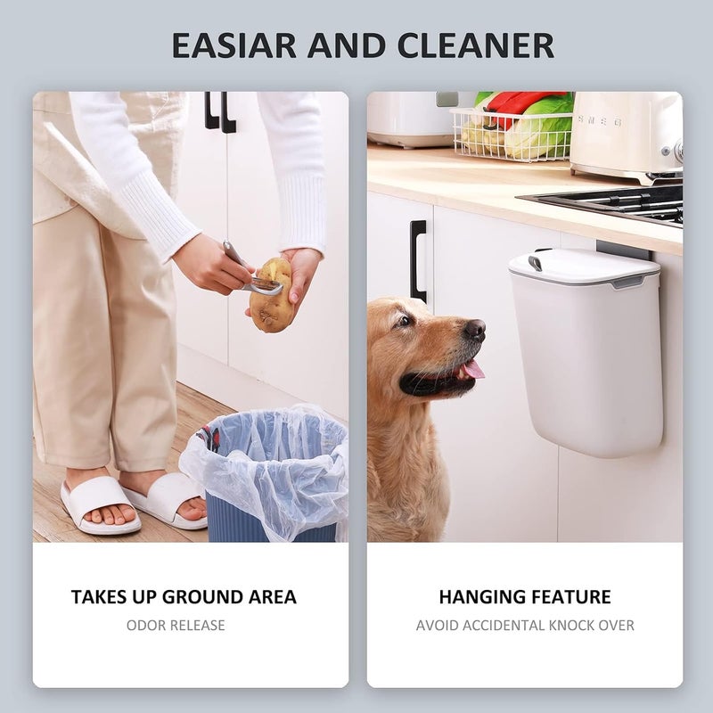 Azonee Kitchen Compost Bin, 9.5 Litre Hanging Trash Can with Lid, Kitchen Cabinet Door Under Sink Plastic Garbage Can Compost Bin Wall Mounted Slide Open, 2.5 Gallon Under Kitchen Counter Bin, White - Image 2