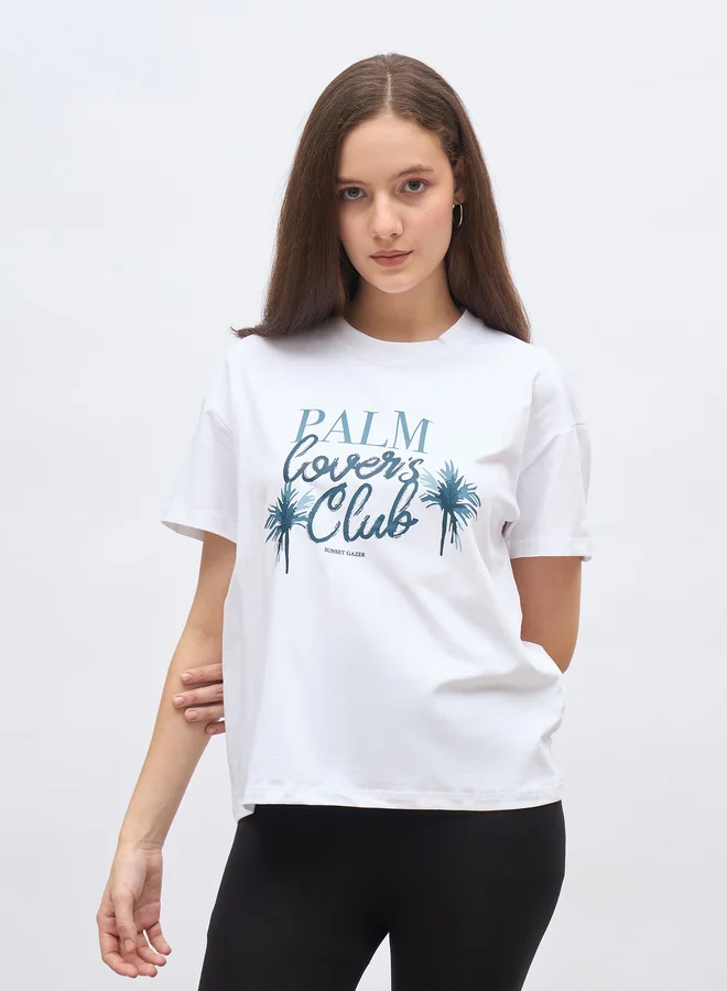 ستايلي Styli White Palm Club Graphic Regular Fit T-Shirt