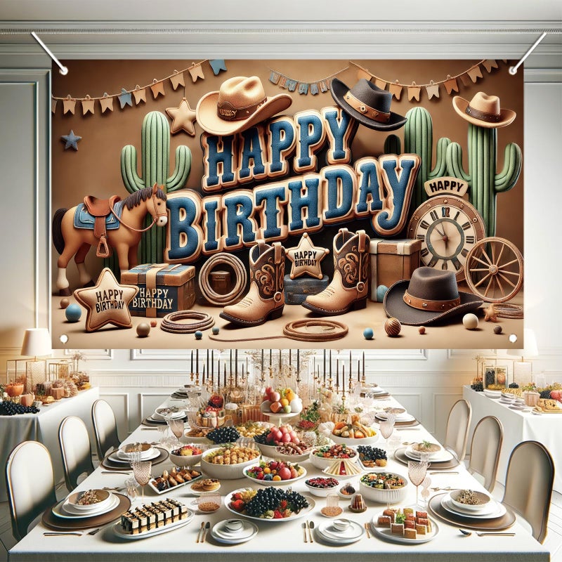 Saoplasa Western Cowboy Happy Birthday Banner Backdrop Rustic Wild West House Barn Photo Banner Party Decorations Boots Hat Cactus Horse Rope Photo Background Props 71 x 43 inch - Image 5