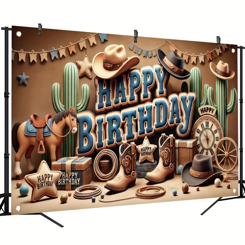 Saoplasa Western Cowboy Happy Birthday Banner Backdrop Rustic Wild West House Barn Photo Banner Party Decorations Boots Hat Cactus Horse Rope Photo Background Props 71 x 43 inch - Image 2