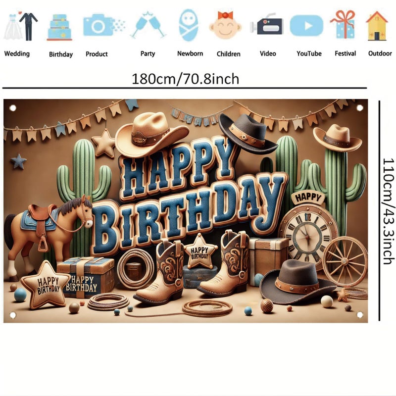 Saoplasa Western Cowboy Happy Birthday Banner Backdrop Rustic Wild West House Barn Photo Banner Party Decorations Boots Hat Cactus Horse Rope Photo Background Props 71 x 43 inch - Image 4