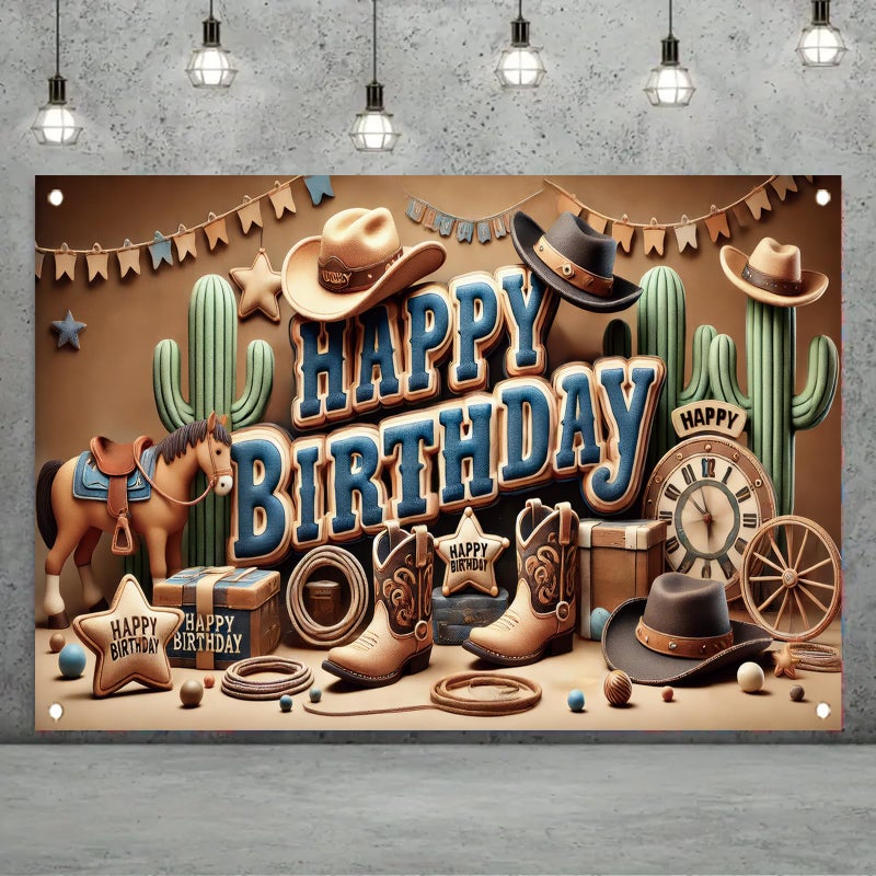 Saoplasa Western Cowboy Happy Birthday Banner Backdrop Rustic Wild West House Barn Photo Banner Party Decorations Boots Hat Cactus Horse Rope Photo Background Props 71 x 43 inch - Image 3