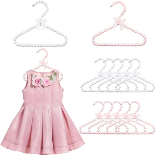 Jowgut 10 Pieces Small Pearl Hangers, 8 Inch Mini Bowknot Clothes Hangers with Ribbon, Elegant Pearl Beads Hanger for Women Pet Dog Cat (Pink, White) - Image 1