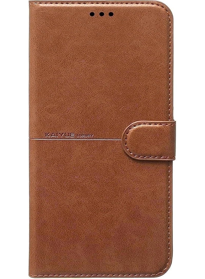 جراب جلدي قابل للطي بالكامل مع مسند، مزود بحزام وإغلاق مغناطيسي، وغطاء داخلي من السيليكون TPU، حماية فائقة، متوافق مع هاتف Infinix Hot 11 (6.6 بوصة) (بني) - Image 1