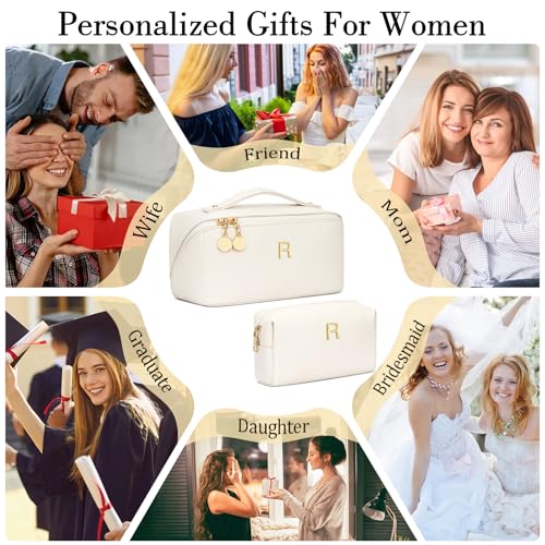 CLOUDWINGS Birthday Gifts for Women Teen Girl Personalized Initial Makeup Organizer Bag Set Open Flat Travel Cosmetic Bag With Clear Divider and HandleBeigeR - Image 3