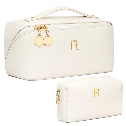 CLOUDWINGS Birthday Gifts for Women Teen Girl Personalized Initial Makeup Organizer Bag Set Open Flat Travel Cosmetic Bag With Clear Divider and HandleBeigeR - Image 1