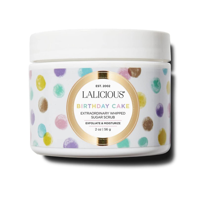 LaLicious Birthday Cake Extraordinary Whipped Sugar Scrub - Pink Shimmer Body & Foot Scrub, Exfoliating & Moisturizing Skin Care with Coconut Oil & Honey, No Parabens (2 Ounce Travel Size)