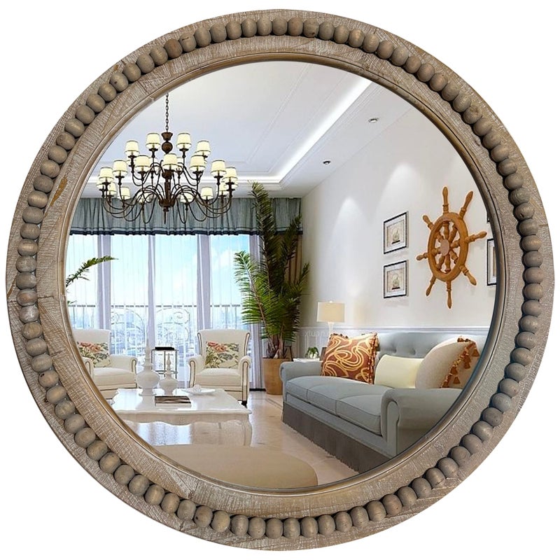 dwellington Rustic Round 24 Inch Wood Wall Circle Mirror with Beads, Decorative Farmhouse Mirror for Living Room, Bedroom, Kitchen, Entryway (Natural) - Image 1