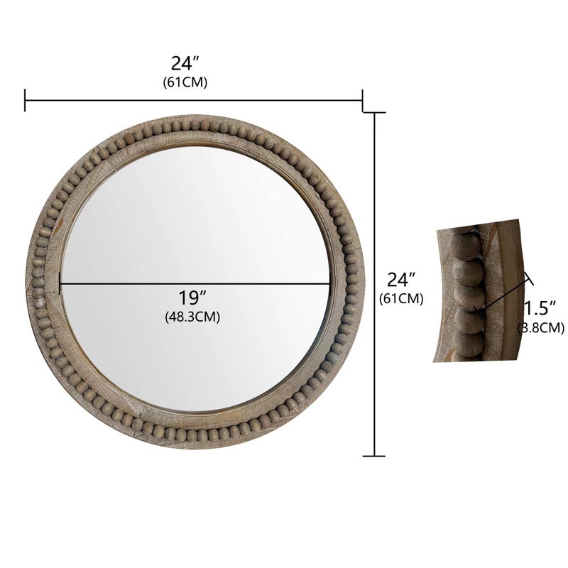 dwellington Rustic Round 24 Inch Wood Wall Circle Mirror with Beads, Decorative Farmhouse Mirror for Living Room, Bedroom, Kitchen, Entryway (Natural) - Image 3