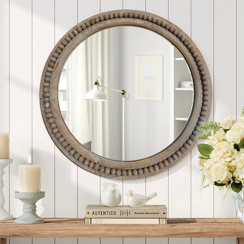 dwellington Rustic Round 24 Inch Wood Wall Circle Mirror with Beads, Decorative Farmhouse Mirror for Living Room, Bedroom, Kitchen, Entryway (Natural) - Image 5