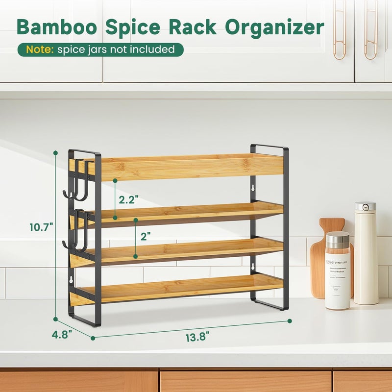 EsLuker.ly Spice Seasoning Rack Organizer Kitchen Countertop, 4 Tier Bamboo Spice Shelf Holder Storage with 4 Hooks, Wall Mounted Freestanding Stand for Pantry, Quick Spice Access(Jars Not Included) - Image 2
