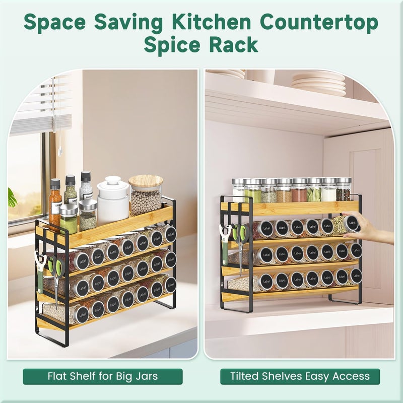 EsLuker.ly Spice Seasoning Rack Organizer Kitchen Countertop, 4 Tier Bamboo Spice Shelf Holder Storage with 4 Hooks, Wall Mounted Freestanding Stand for Pantry, Quick Spice Access(Jars Not Included) - Image 5