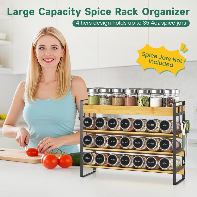 EsLuker.ly Spice Seasoning Rack Organizer Kitchen Countertop, 4 Tier Bamboo Spice Shelf Holder Storage with 4 Hooks, Wall Mounted Freestanding Stand for Pantry, Quick Spice Access(Jars Not Included) - Image 3