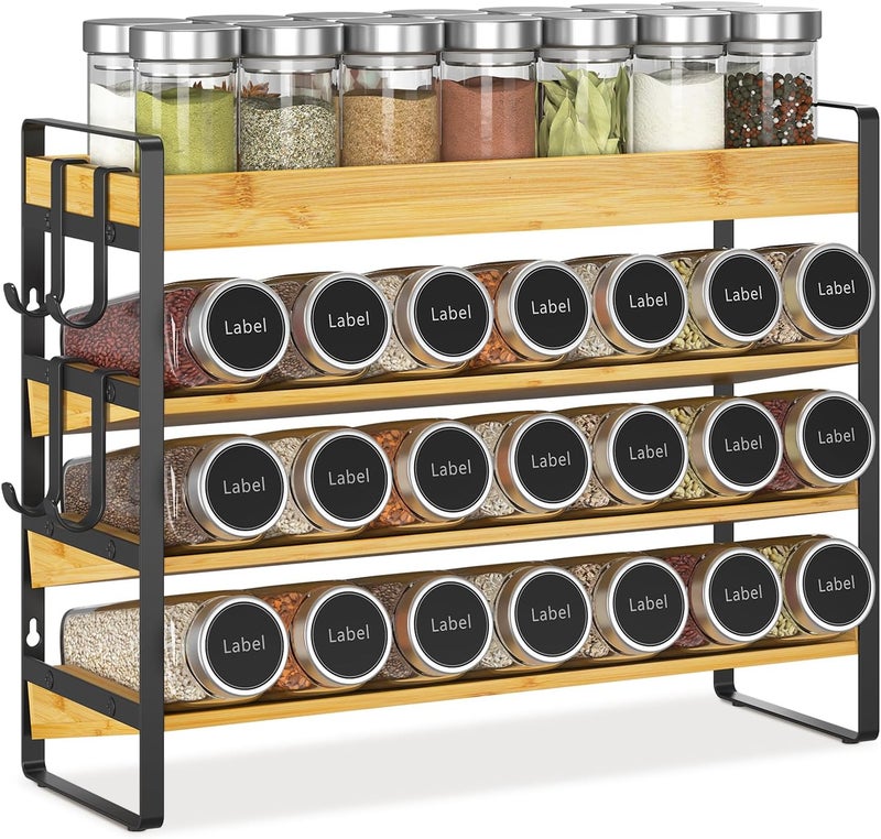 EsLuker.ly Spice Seasoning Rack Organizer Kitchen Countertop, 4 Tier Bamboo Spice Shelf Holder Storage with 4 Hooks, Wall Mounted Freestanding Stand for Pantry, Quick Spice Access(Jars Not Included) - Image 1