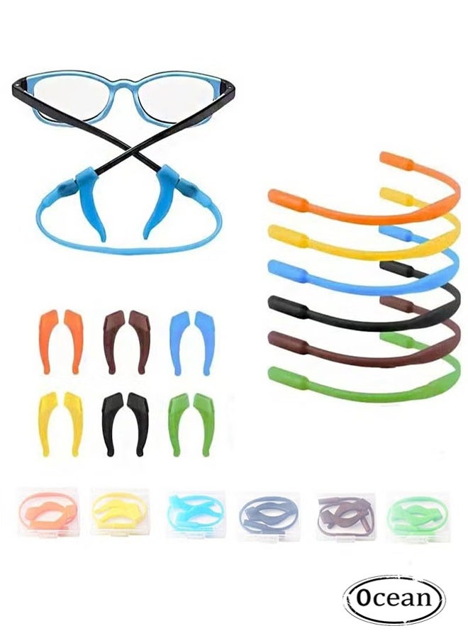 جي أس أحزمة النظارات ، 6 قطع نظارات السيليكون للأطفال مع أحزمة نظارات الشمس الملونة و 12 قطعة غير انزلاق خطافات الأذن ، نظارات رياضية مع حامل نظارات مرنة ناعمة ، مناسبة للبالغين والأطفال - Image 1
