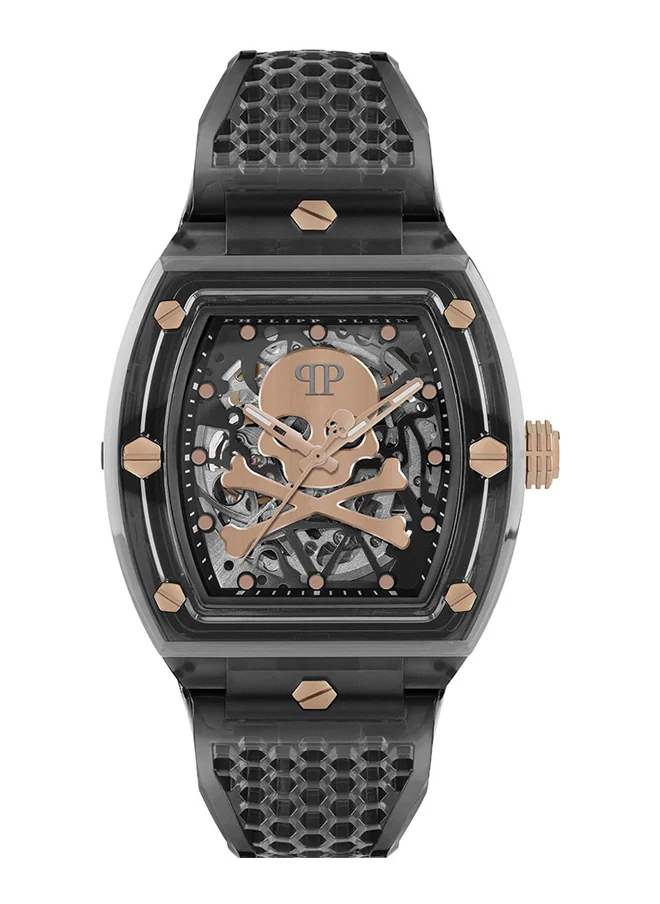 فيليب بلين The $keleton Crystal Men's 44mm Tonneau Bezel Watch in Grey and Rose Gold with Hex Bolt Detailing & Sleek Silicone Strap - Automatic Timepiece