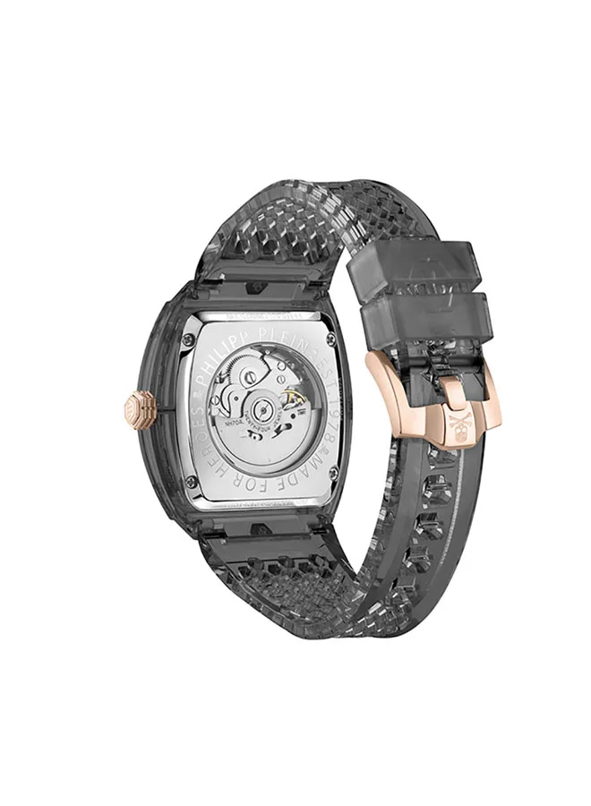 فيليب بلين The $keleton Crystal Men's 44mm Tonneau Bezel Watch in Grey and Rose Gold with Hex Bolt Detailing & Sleek Silicone Strap - Automatic Timepiece