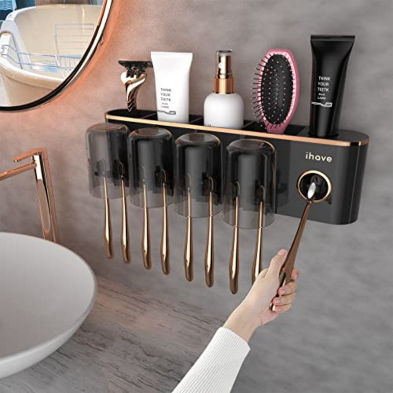 Toothbrush Holders Bathroom Accessories with Toothpaste Dispenser, 4 Cups Toothbrush Holder Wall Mounted Bathroom Decor - Image 1