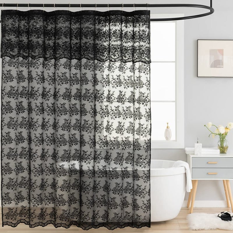 TUDECO Black Lace Shower Curtain with Attach Valance Dark Gothic Shower Curtain Vintage Floral Sheer Halloween Shower Curtain for Bathroom Victorian Moody Witchy Goth Decor 72 x 72 Inch