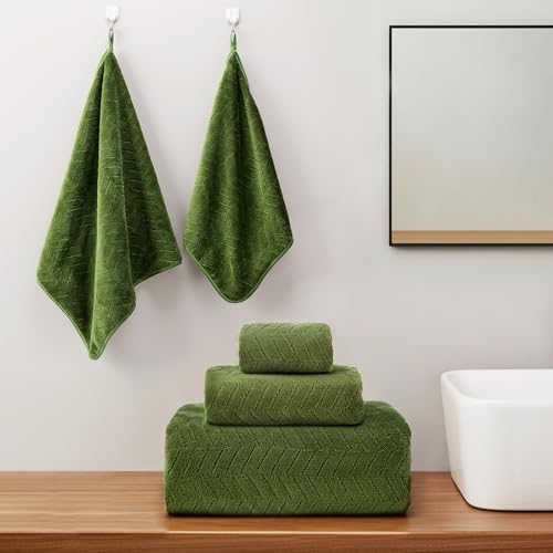 SmoothNovelty Set of 6 Extra Large Bath Towel 40 x 80 Inches Oversized Bath Sheet with 2 Shower Towels 2 Hand Towels 2 Washcloths for Adults Bathroom Spa Gym Quick Dry(Chevron Design,Olive Green) - Image 5