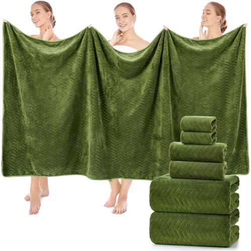SmoothNovelty Set of 6 Extra Large Bath Towel 40 x 80 Inches Oversized Bath Sheet with 2 Shower Towels 2 Hand Towels 2 Washcloths for Adults Bathroom Spa Gym Quick Dry(Chevron Design,Olive Green) - Image 1