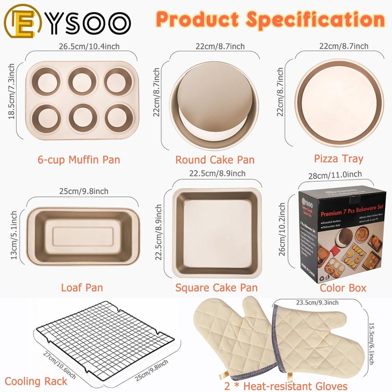 EYSOO 7 Pcs Baking Pans Set - Round/Square Pans, Pizza Tray, Loaf Pan, 6-Cup Muffin Pan - Nonstick Bakeware Set Baking Trays Oven Trays with Rack & Cotton Gloves - Image 3