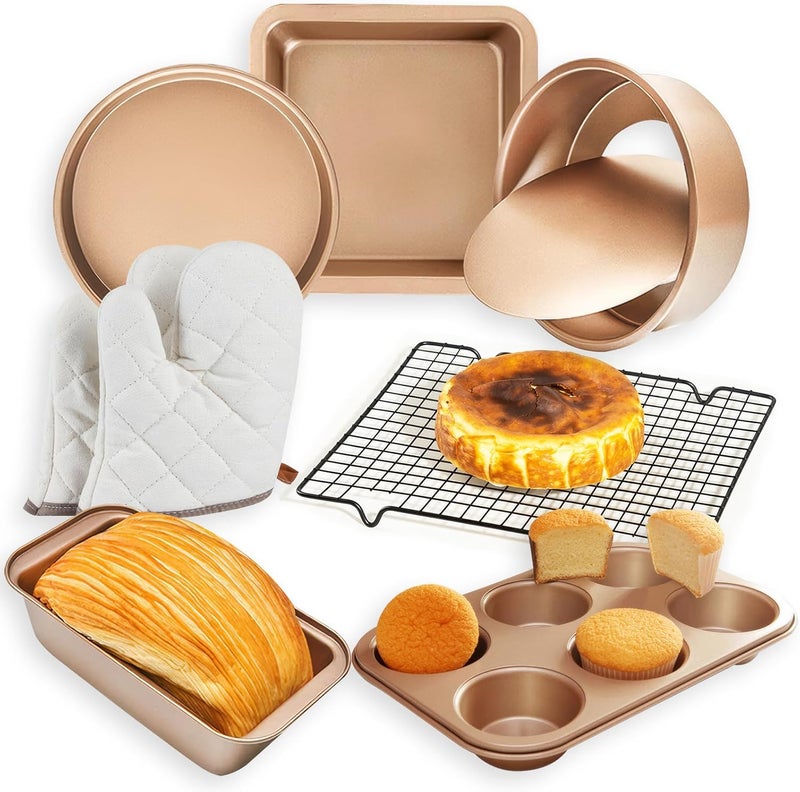 EYSOO 7 Pcs Baking Pans Set - Round/Square Pans, Pizza Tray, Loaf Pan, 6-Cup Muffin Pan - Nonstick Bakeware Set Baking Trays Oven Trays with Rack & Cotton Gloves - Image 1