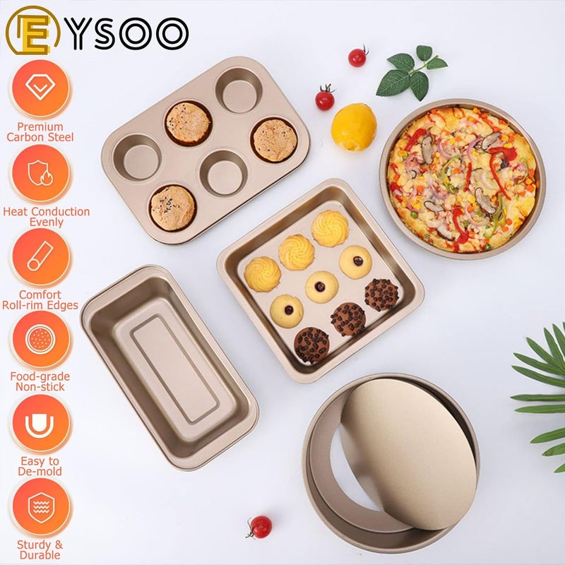 EYSOO 7 Pcs Baking Pans Set - Round/Square Pans, Pizza Tray, Loaf Pan, 6-Cup Muffin Pan - Nonstick Bakeware Set Baking Trays Oven Trays with Rack & Cotton Gloves - Image 2