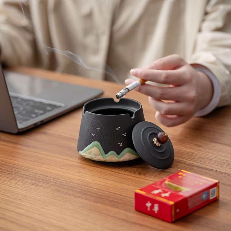 Ceramic Ashtray With Cover Windproof Fly Ash Proof Smoke Proof For Home Office Patio Color A - Image 3