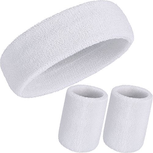 WILLBOND 3 Pieces Sweatbands Set, Includes Sports Headband and Wrist Sweatbands Striped Sweat Band for Athletic Men and Women (White) - Image 1