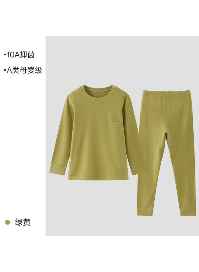 Autumn And Winter Children's Thermal Underwear Set, Round Neck, Fleece-lined, Thickened, Antibacterial, Heat-generating, Cartoon Bear Design, Top And Bottom Set