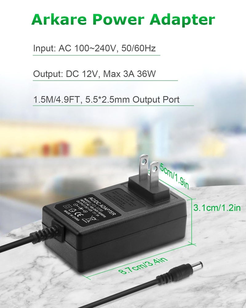 Arkare 12V 3A Power Supply Adapter 36W ac/dc Charger AC 100V-240V to DC 12Volt 3amp Power Cord 12V 2.5A 2A 1.5A 1A 800mA 500mA for Security Camera BT Speaker GPS Webcam Microphone Receiver with 10TIPS - Image 5