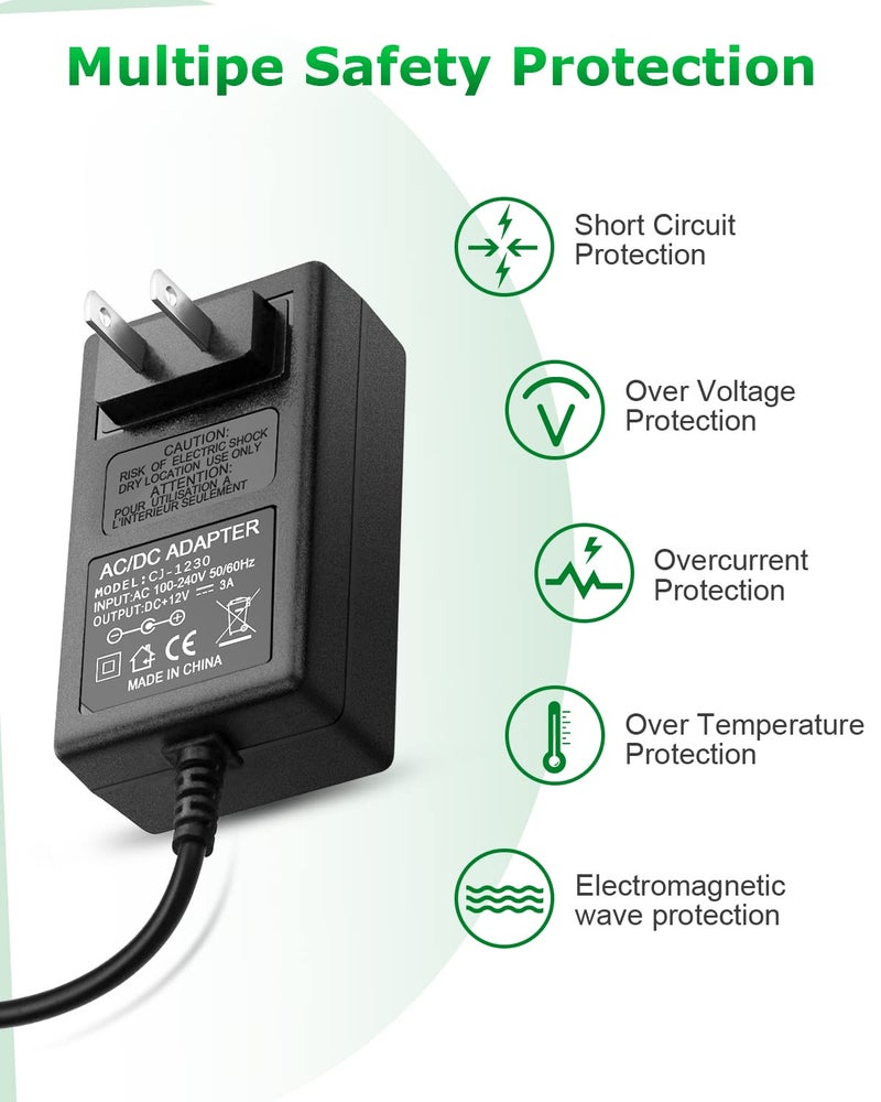 Arkare 12V 3A Power Supply Adapter 36W ac/dc Charger AC 100V-240V to DC 12Volt 3amp Power Cord 12V 2.5A 2A 1.5A 1A 800mA 500mA for Security Camera BT Speaker GPS Webcam Microphone Receiver with 10TIPS - Image 4
