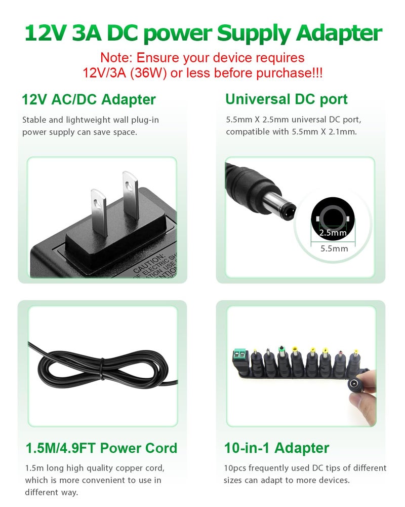 Arkare 12V 3A Power Supply Adapter 36W ac/dc Charger AC 100V-240V to DC 12Volt 3amp Power Cord 12V 2.5A 2A 1.5A 1A 800mA 500mA for Security Camera BT Speaker GPS Webcam Microphone Receiver with 10TIPS - Image 2
