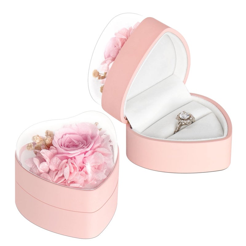 Wislist Engagement Ring Box for Proposal Promise, Eternal Flowers Rose Gifts for Valentines' Day, Heart Shaped Pink Ring Box - Image 1