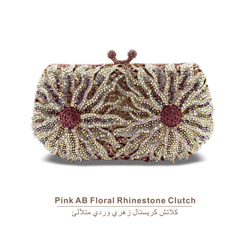 Floral Crystal Rhinestone Evening Clutch Bag, Bow Metal Frame Formal Party Handbag Women Wedding Dinner Purse