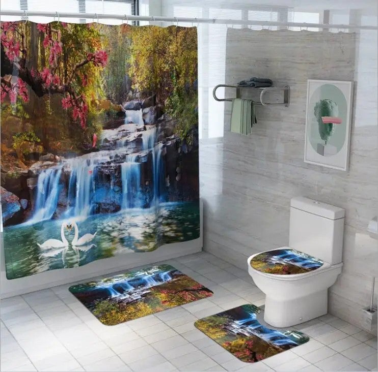 Y&D New 4PCS Polyester Shower Curtain Waterproof Bath Rug Mat Set Rug Toilet Lid Cover Floor Carpet Foot Pad Set for Home Bathroom - Image 1