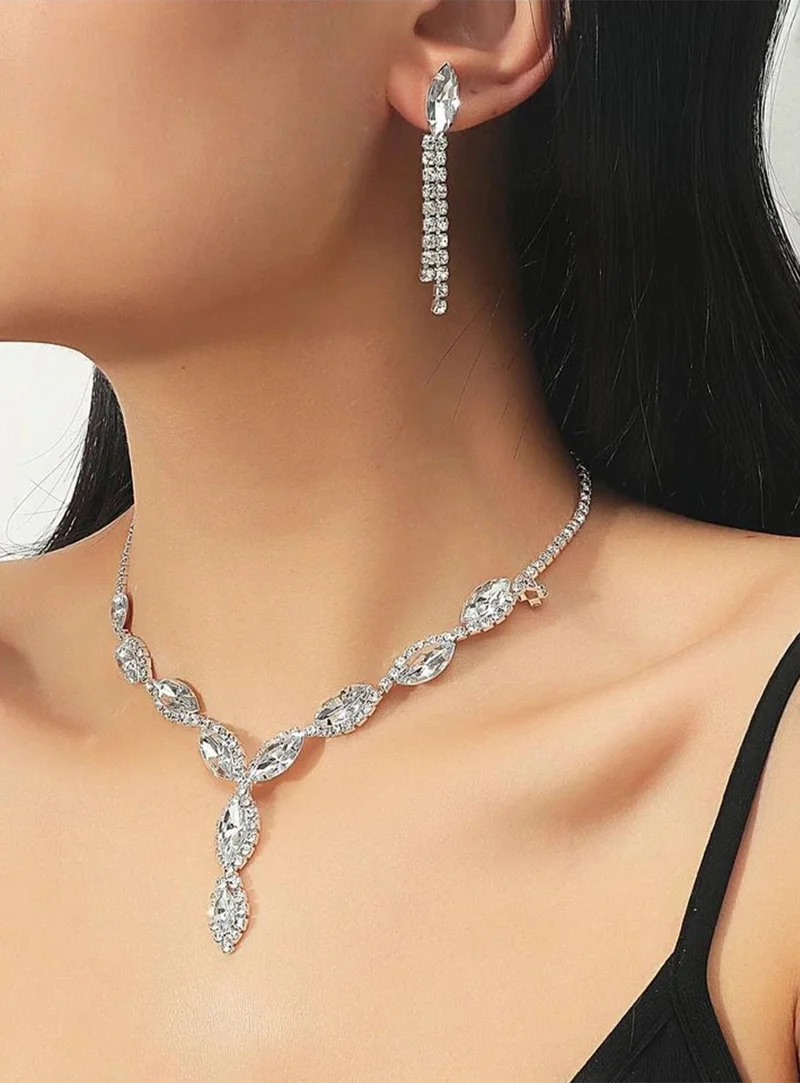 باهلس Silver Plated Crystal Stone Necklace and Earring Set Special Occasions Set Wedding Set Engagement Evening Dress Set