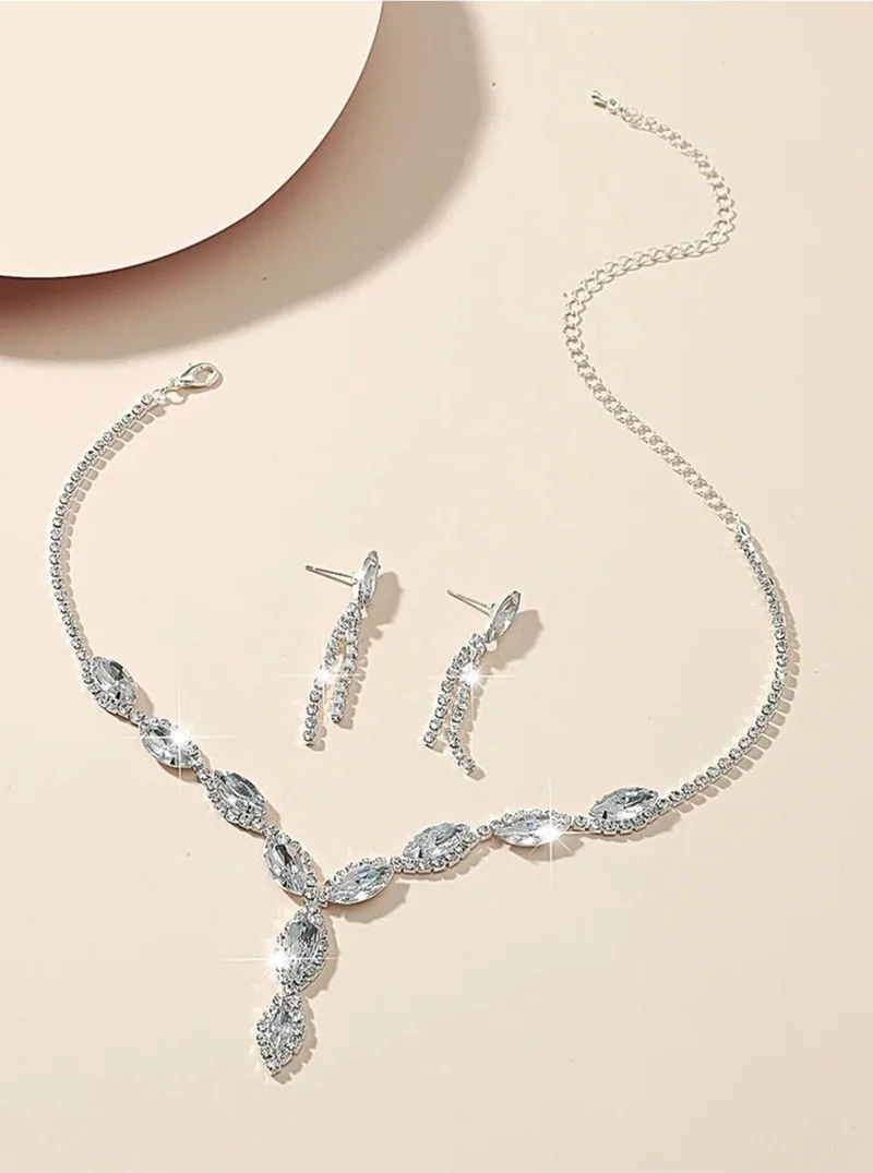 باهلس Silver Plated Crystal Stone Necklace and Earring Set Special Occasions Set Wedding Set Engagement Evening Dress Set