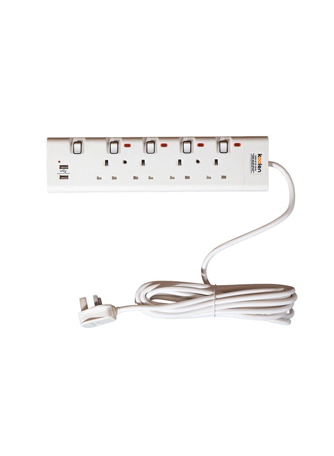 KOOLEN Koolen 4 Ways Power Extension Sockets 5 m 2 USB Ports White  - Image 1
