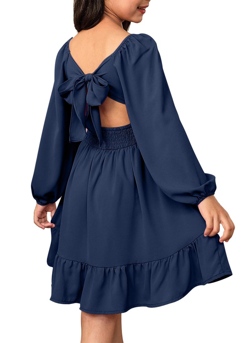 blibean Girls Long Sleeve Christmas Dress Teen Fall Boho Wedding Dresses Tween Holiday Formal Outfit Big Kids Cute Dance Clothes Vestidos para NiÃ±as Size 12-13 Years Navy Blue - Image 1