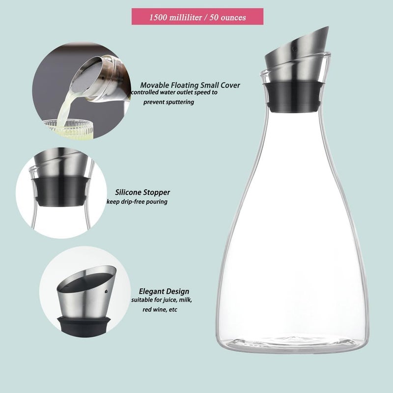 Purefold 50 Ounces Borosilicate Glass Carafe with Lid, Glass Pitcher for Hot/Cold Water, Ice Tea and Lemonade Beverage - Image 3