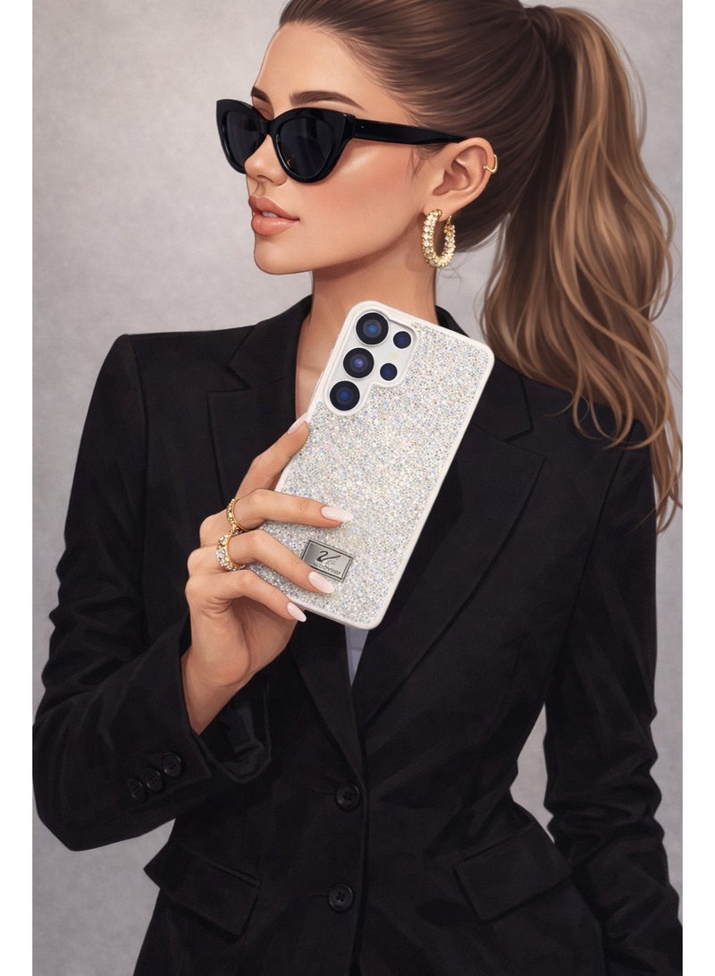 في آر كرييتيف غطاء هاتف فاخر بلمعان الألماس لهاتف سامسونج جالاكسي S25 ألترا مزين بحصى براقة للحماية - أبيض - Image 5