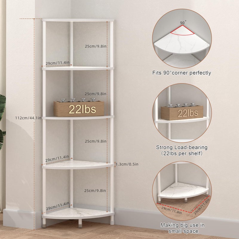 Greatseas 5 Tier Corner Shelf Stand, 44.1" Kitchen Shelf Organizer with Metal Frame, Small Corner Shelf for Bathroom Organization & Storage, Marble White Corner Shelf for Kitchen Decor Accessories - Image 3