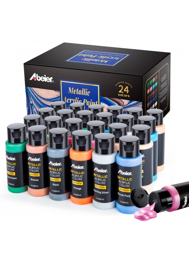 ABEIER Metallic Acrylic Paint, Set of 24 Metallic Colors in 2oz/60ml Bottle, Rich Pigments, Non Fading, Non Toxic Paints for Artist, Beginners & Kids Painting on Rocks Crafts Canvas Wood, Fabric&Stone - Image 2
