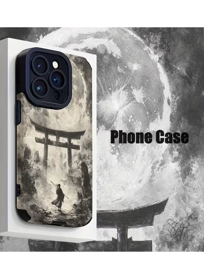 Temu A phone case featuring a samurai under the moon, made of special synthetic leather that is stain-resistant, stylish, and fashionable, suitable for iPhone 14 Pro. - Image 1