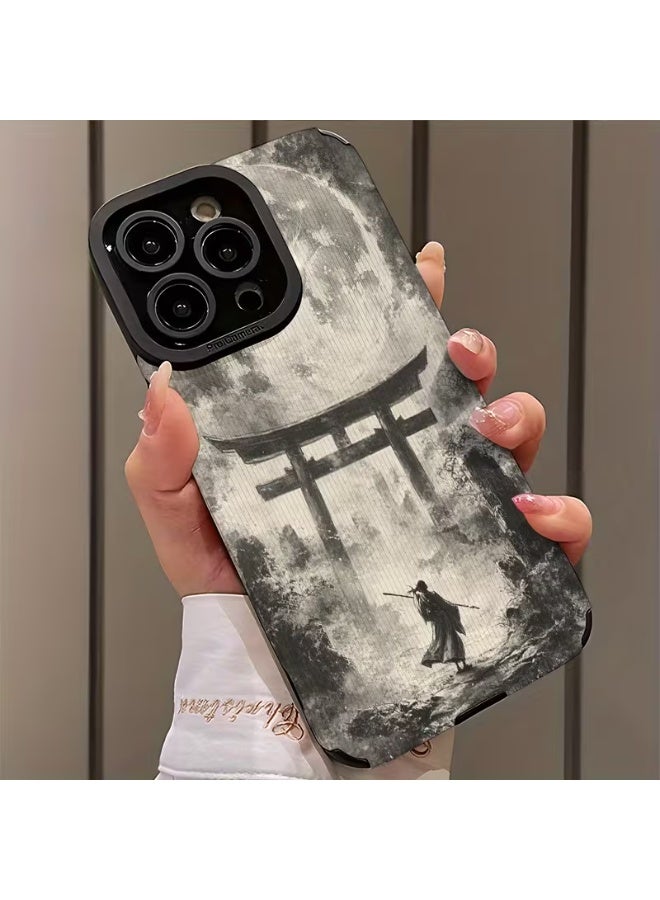 Temu A phone case featuring a samurai under the moon, made of special synthetic leather that is stain-resistant, stylish, and fashionable, suitable for iPhone 14 Pro. - Image 2