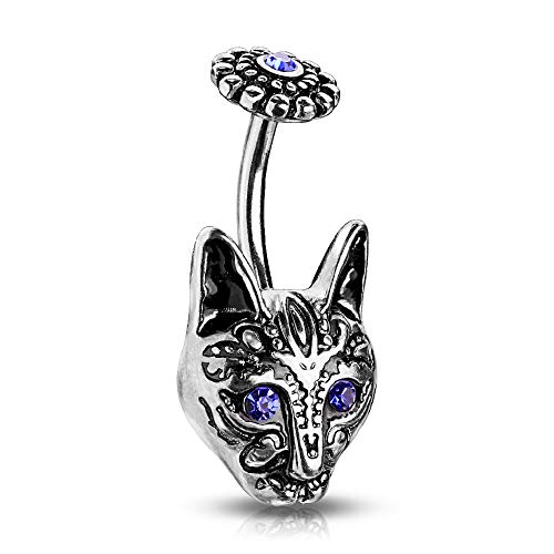 Pierced Owl Blue Eyed Tribal Cat Belly Button Ring in 316L Stainless Steel (Antique Silver Plated) - Image 1